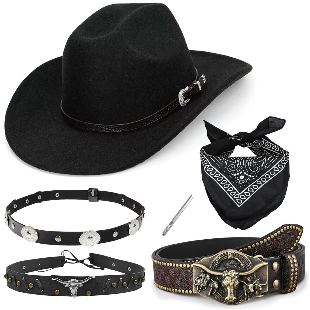 6840 6 Pieces Cowboy Hat Outfit,Western Cowboy Hat with 3 Decorative Bands
